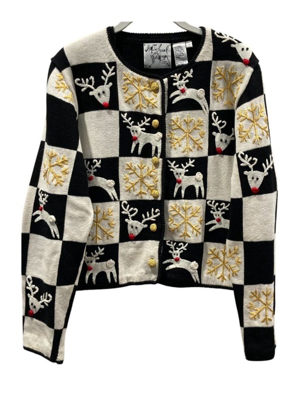 Michael Simon Embroidered Cardigan S Black Snowflake Reindeer Holidays Christmas